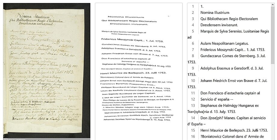 Screenshot der Software eScriptorium mit Scan eines handschriftlichen Dokumentes, Darstellung von automatisch erkannten Zeilen und Transkript