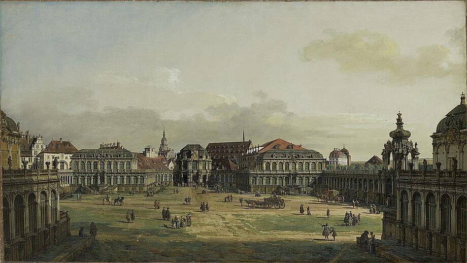 Scan eines Gemäldes von Bernardo Bellotto mit einer Ansicht des Dresdner Zwingers