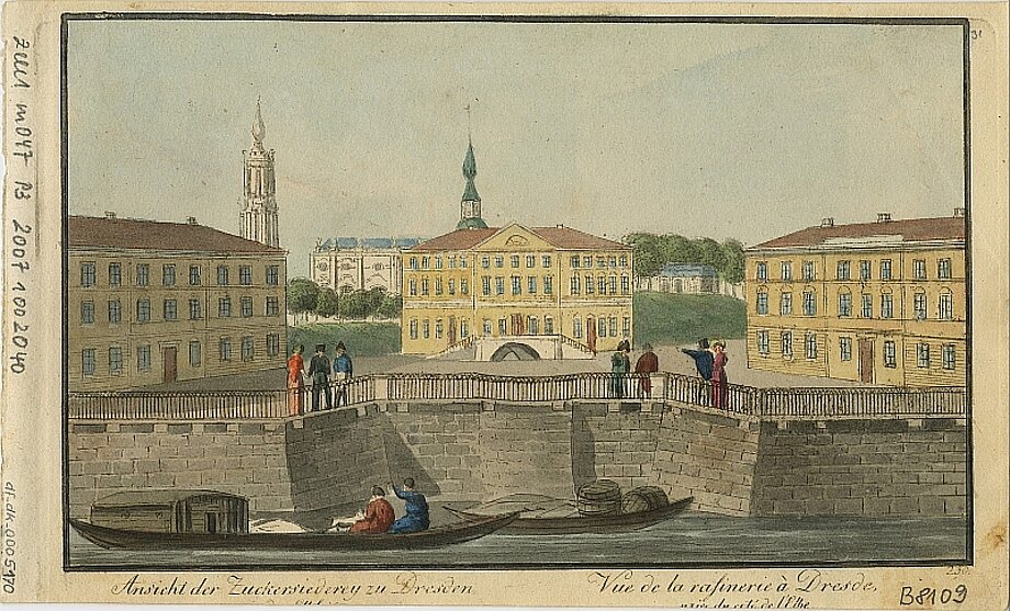 Scan eines Kupferstiches, in der Bildmitte die Calberlasche Zuckersiederei, rechts und links davon weitere Gebäude, im Vordergrund die Elbe, darauf ein Personenkahn und ein Lastkahn