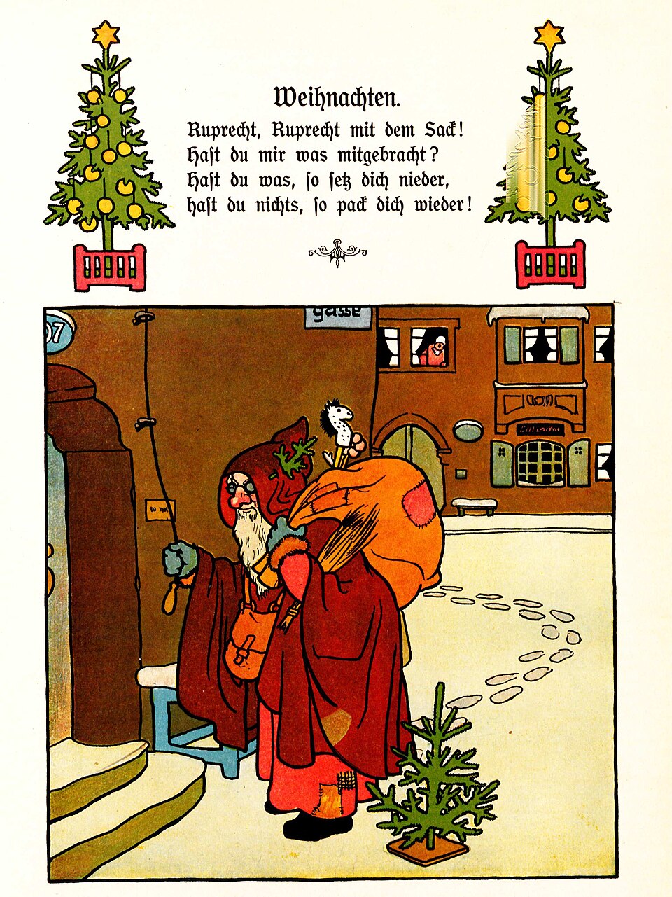 Lithografie mit Text eines Gedichtes und einer Darstellung des Knecht Ruprecht